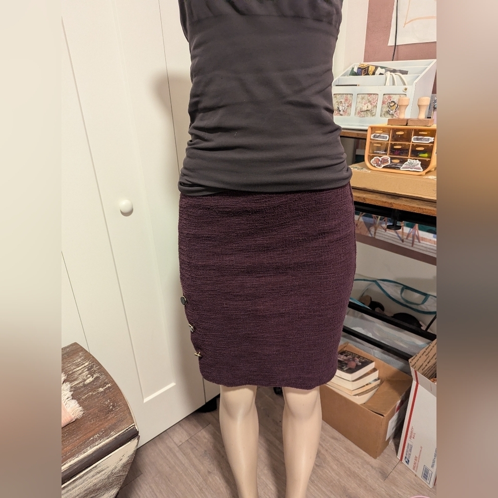 Womens Plum Purple‎ Pencil Skirt with Button Detail - Career Office Chic